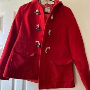 Red hooded pea coat